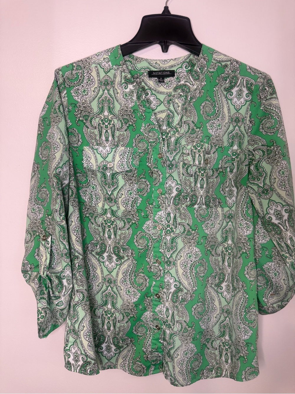 Notations Green and White Paisley Button-Down Shirt roll tab sleeve size small